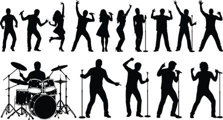 musician, silhouette, concert, singer, dancer, drummer, microphone, stage, vector, black, performance, energy, pose, music, band