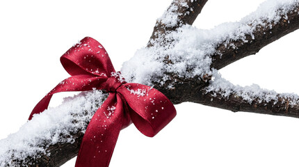 Snowy Branch Adorned with a Red Satin Holiday Bow Isolated in a Dark Void