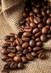 Coffee beans spilled on burlap sack