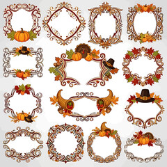 A festive collection of vintage Thanksgiving frames and ornate borders decorated with pumpkins, autumn leaves, and turkeys