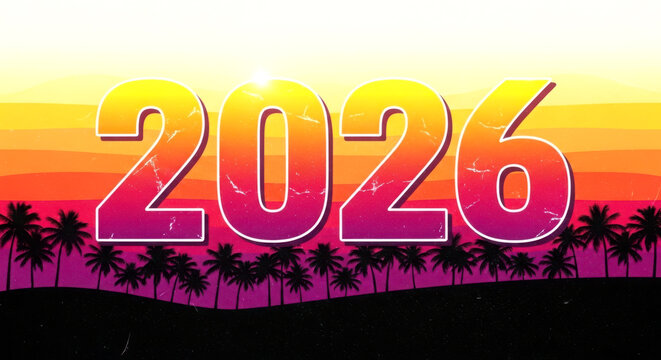 Retro 2026 year with synthwave sunset and palm trees