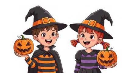Happy children in witch costumes holding jack-o-lanterns, halloween fun.