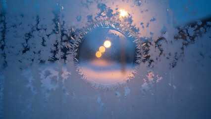 A circular peephole in a frosted window reveals blurry bokeh lights on a cold winter evening.