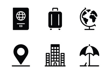 Collection of travel and vacation icons on a white background