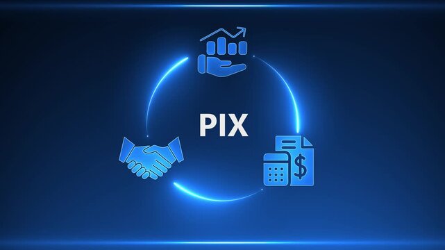 Blue Neon Circle with Financial Icons and PIX Text on Dark Blue Gradient Background finance business