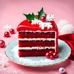 Slice of Holiday Red Velvet Cake with Layered white Frosting and decorative frosting Holly,Berries and Giant Snowflake
