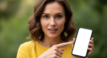 Fototapeta premium Smiling Woman Holding a Smartphone with a Blank White Screen Mockup perfect for Digital Marketing, App Promotion, and Communication