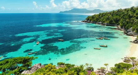 Fototapeta premium Aerial shot of a serene turquoise bay with boats, lush greenery, sandy beach & blue ocean