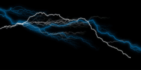 abstract black background blue and white lines and light effects. Powerful Lightning Bolts Against a Dark Background. A bright lightning bolt strikes through the dark sky during a summer thunderstorm.