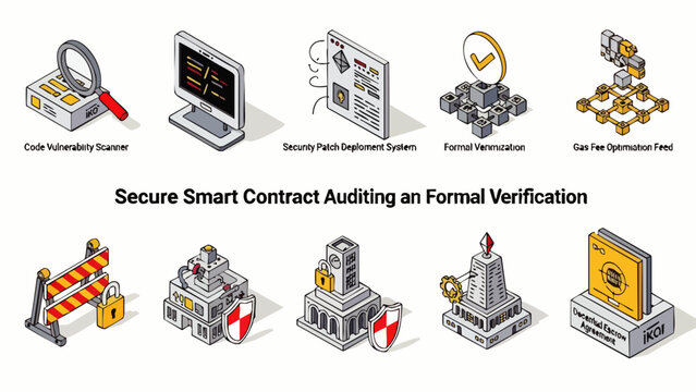 Isometric icons depict secure smart contract auditing and formal verification, showcasing code vulnerability scans and security patch deployment systems.