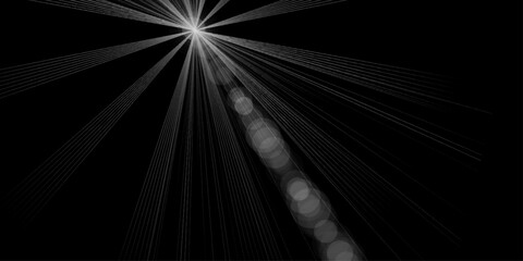 Abstract White Light Flare Glow Background for Modern Digital Design. One glowing starbursts on black background sparkle. Graphic white bright light highlight. Transparent, overlay, bling, light, glow