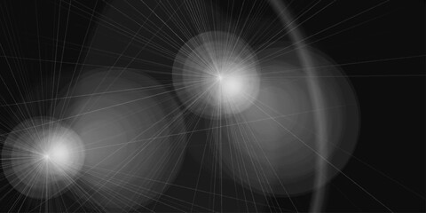 Abstract White Light Flare Glow Background for Modern Digital Design. Two glowing starbursts on black background sparkle. Graphic white bright light highlight. Transparent, overlay, bling, light, glow