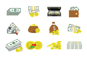 Colorful money, cash, and financial icons in clean simple style.