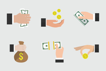 Flat hands exchanging money and coins in simple modern style.