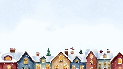 Festive Winter Rooftops with Glowing Windows in Cozy Snowfall Scene