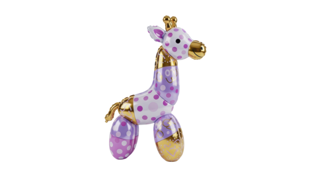 A whimsical purple and gold balloon giraffe, adorned with a crown, stands ready to bring joy and enchantment to any celebration or event
