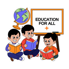 Colorful flat cartoon illustration, World Education Day, 3 students sharing knowledge.transparent background.