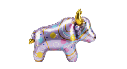 Whimsical inflatable bull balloon with vibrant abstract patterns, perfect for festive celebrations and party decorations, featuring shiny metallic texture and playful design on a bright background