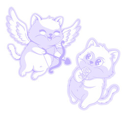 Male and female Cupids with feline animals, Valentine's Day, white block color, light purple shadows
