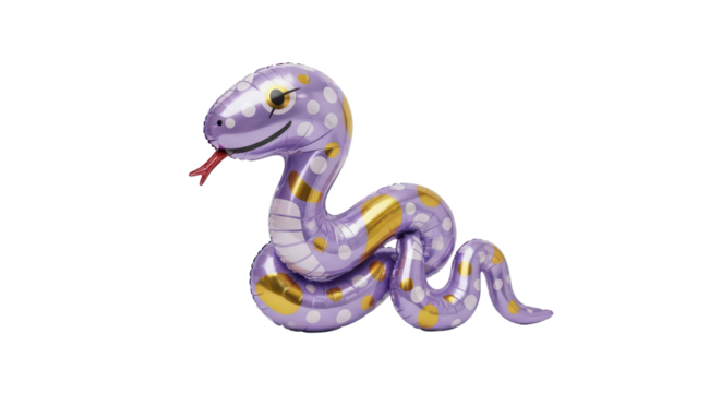 A whimsical purple and gold polka dot snake balloon, coiled and ready for a celebration, with its tongue sticking out