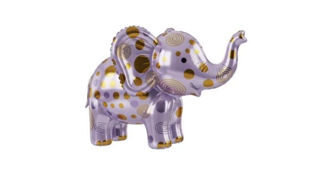 Whimsical purple and shimmering gold polka dot elephant foil balloon, an eye-catching party decoration ideal for baby showers, children's birthdays, and festive celebration themes