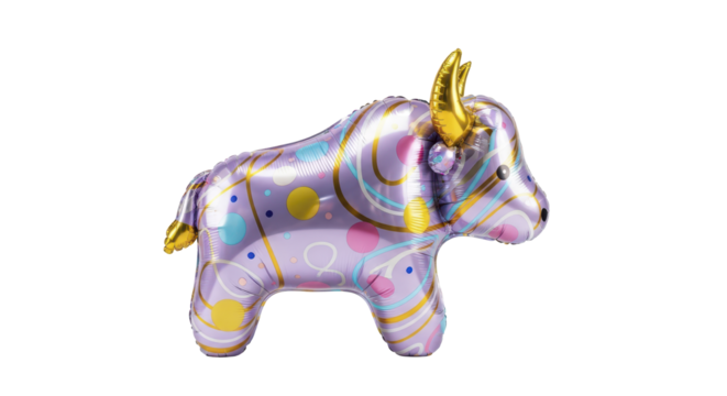 Whimsical inflatable bull balloon with vibrant abstract patterns, perfect for festive celebrations and party decorations, featuring shiny metallic texture and playful design on a bright background
