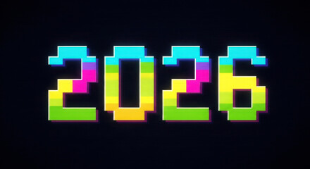 2026 pixel art colorful text with retro glitch effect