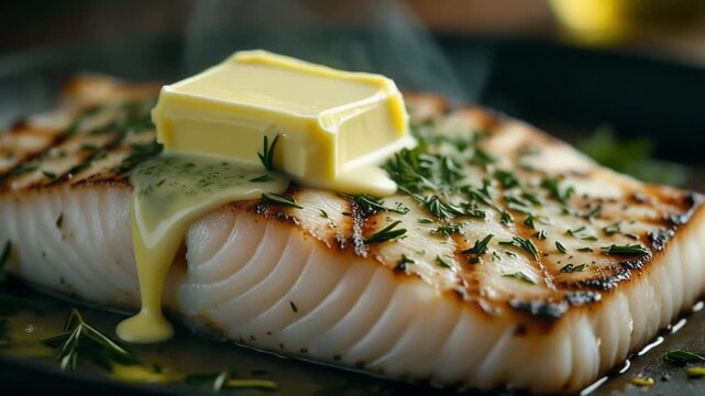 A succulent piece of white fish is grilled to perfection and topped with a melting pat of butter and fresh herbs.