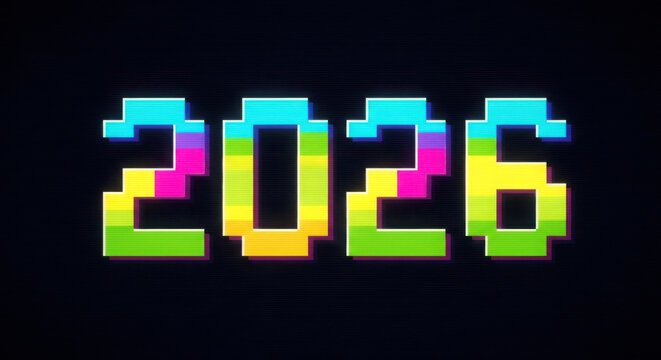 2026 pixel art colorful text with retro glitch effect