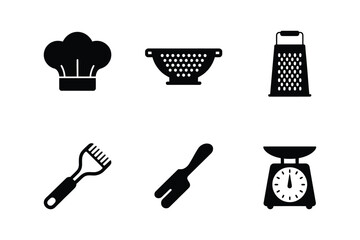 Collection of six black kitchen utensil icons on white background