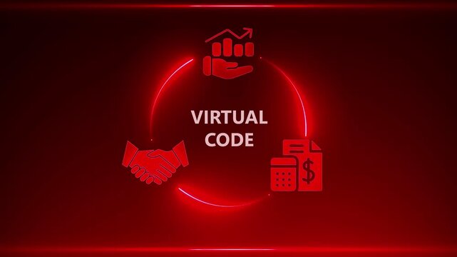 Red neon circle diagram with icons for virtual code business finance and partnership on dark red background
