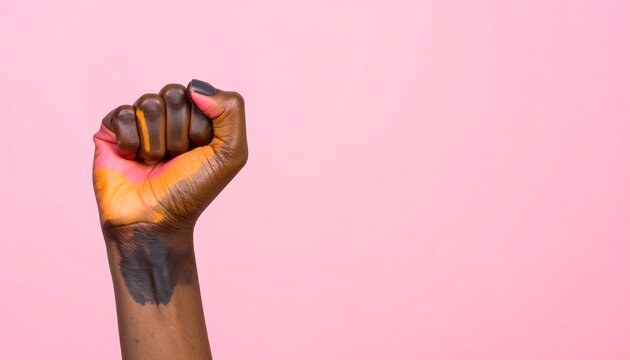 Fist raised in protest with painted skin against a pink background