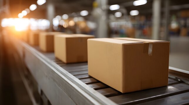 Cardboard boxes moving along a conveyor belt in a brightly lit factory setting