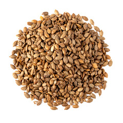 Fototapeta premium Top View Pile of Roasted Golden-Brown Seeds Isolated on White Background