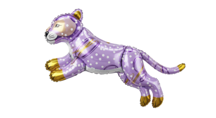 Vibrant Purple Leopard Balloon with Golden Spots Leaping Mid-Air, Perfect for Festive Celebrations and Playful Party Decor