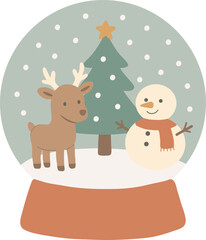 Naklejka premium Retro Christmas Snow Globe Clipart with Reindeer, Snowman, and Tree. Boho Flat Design Holiday Illustration.