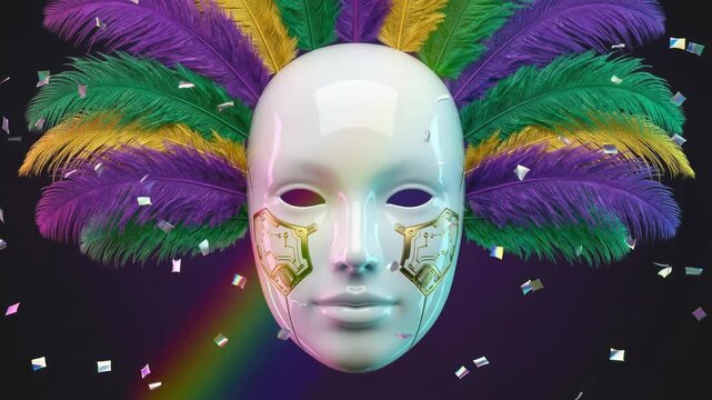 Horizontal seamless loop animation of colorful confetti raining down on a smiling cyborg mask, illustrating a futuristic carnival celebration and artificial intelligence party joy