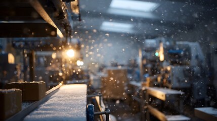 Industrial production line with packages on a conveyor belt illuminated by bright lights and falling snow like particles