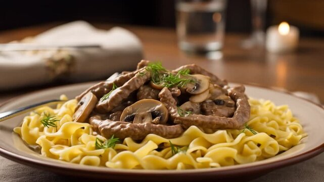 Delicious Beef Stroganoff with Egg Noodles on a Plate in a Restaurant Setting Video