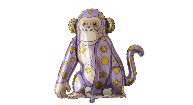 Playful purple monkey-shaped foil balloon adorned with yellow stars and polka dots, a whimsical decoration perfect for birthdays, children's events, and festive celebrations