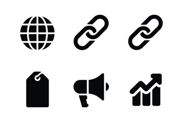 Collection of six black and white marketing and business icons