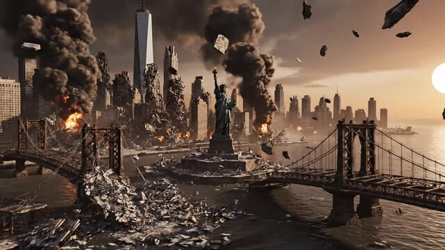 Apocalyptic New York City: Statue of Liberty Amidst Destruction and Devastation Scenario