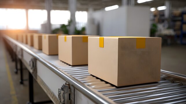 Cardboard boxes travel along a conveyor belt in a busy factory or warehouse ready for distribution and shipping
