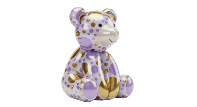 Luxurious purple and gold polka dot teddy bear sculpture, a vibrant decorative art piece showcasing playful design and an elegant metallic finish