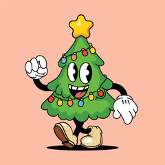 Christmas Tree Cartoon Mascot Character with Lights and Star, Holiday Vector Illustration