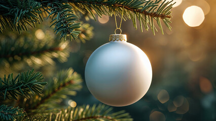 Fototapeta premium Close-Up of White Christmas Ornament Hanging on Pine Tree