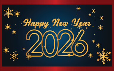 Happy New Year 2026 Greeting Card With Golden Numbers And Snowflakes On Dark Blue Background