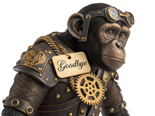 Steampunk Monkey with Goodbye sign, fantasy animal portrait