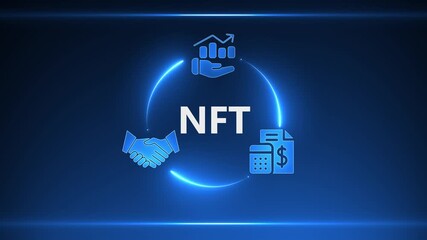 NFT Concept with Financial and Business Icons in a Neon Circle on a Dark Blue Background Non-Fungible Token - Powered by Adobe