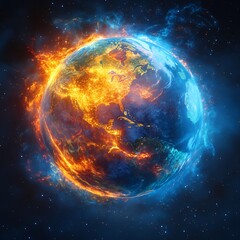 Fiery earth in the cosmos showing the effects of climate change and global warming impact on the planet